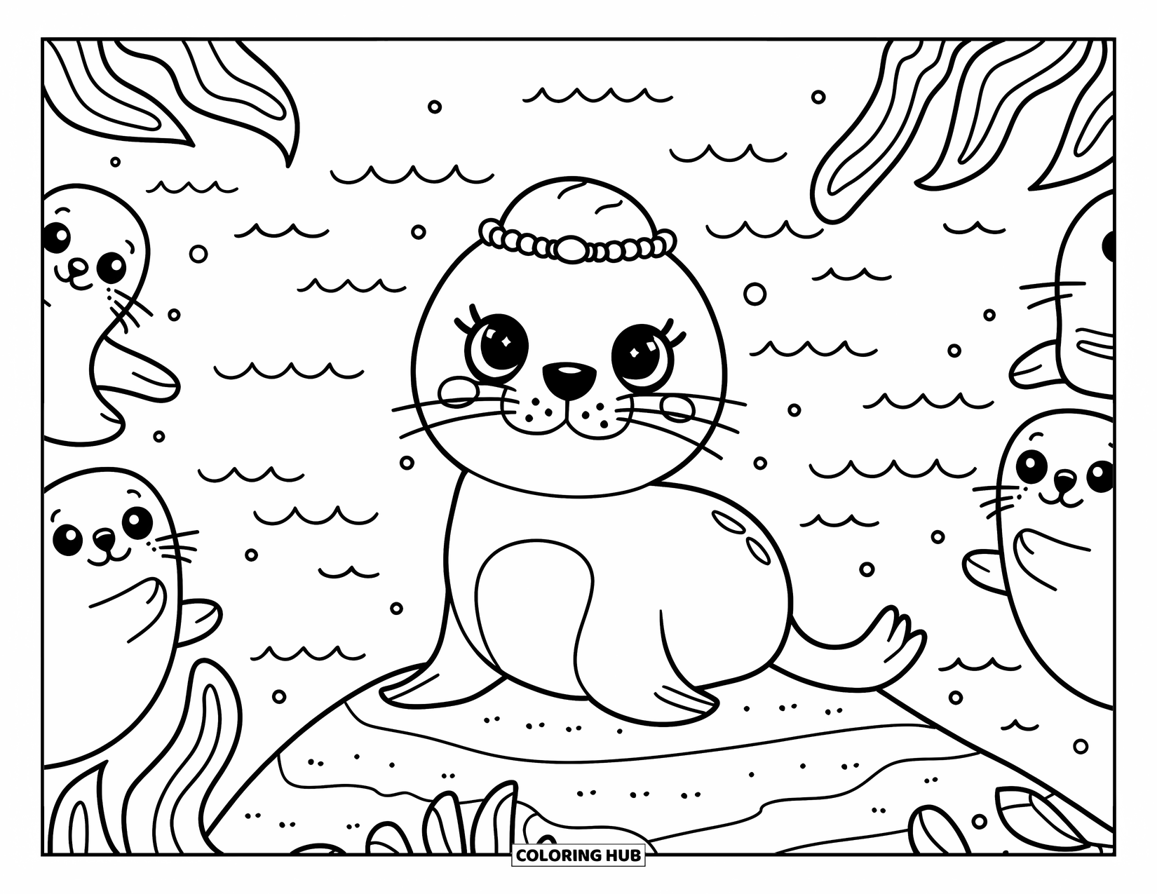 Under The Sea Coloring Page for Adults: A sea lion with a pearl crown poses on a rock with clapping seals