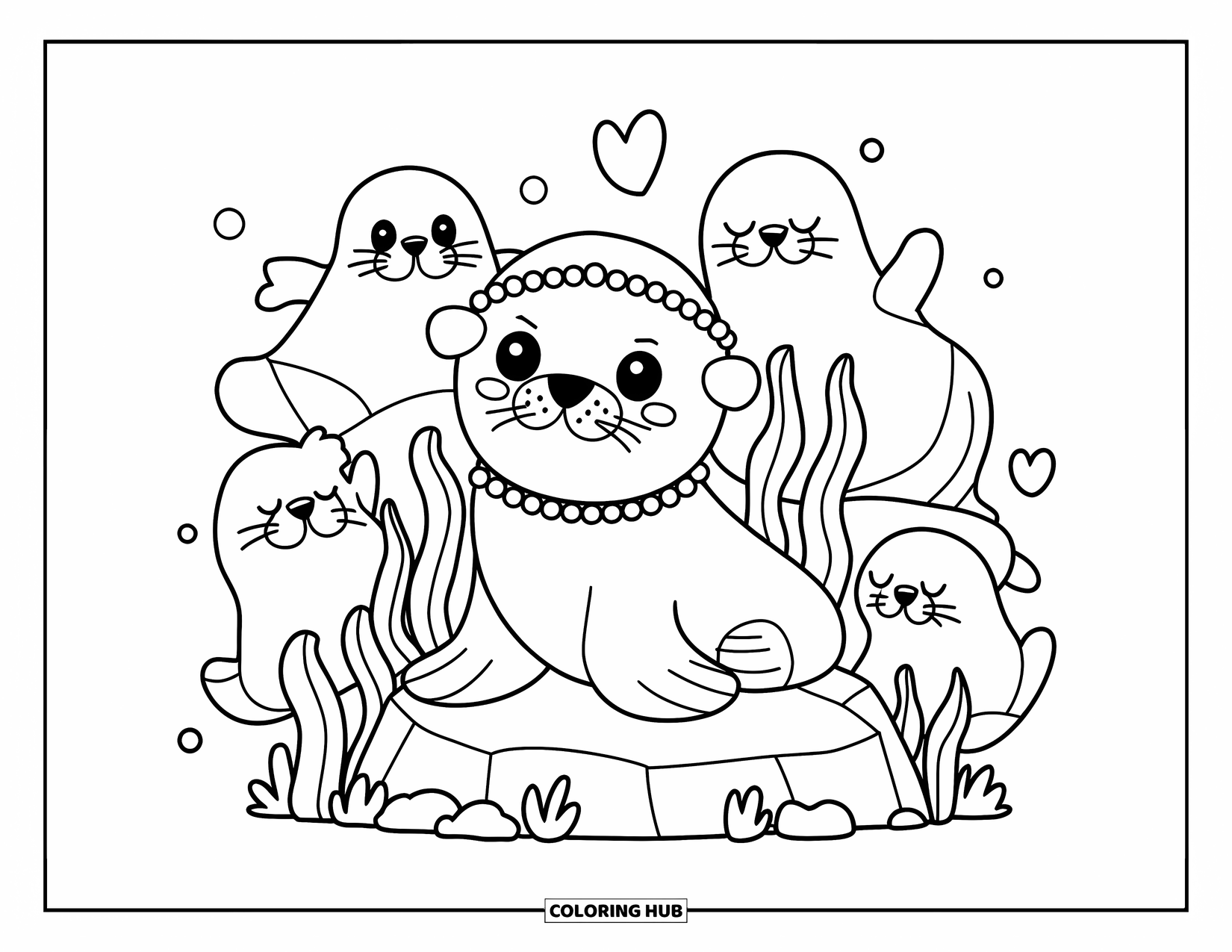 Under The Sea Coloring Page for Adults: A sea lion with a pearl crown sits on a rock surrounded by clapping seals