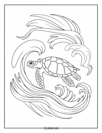 Under The Sea Coloring Page for Adults: A sea turtle surrounded by swirling waves and curves