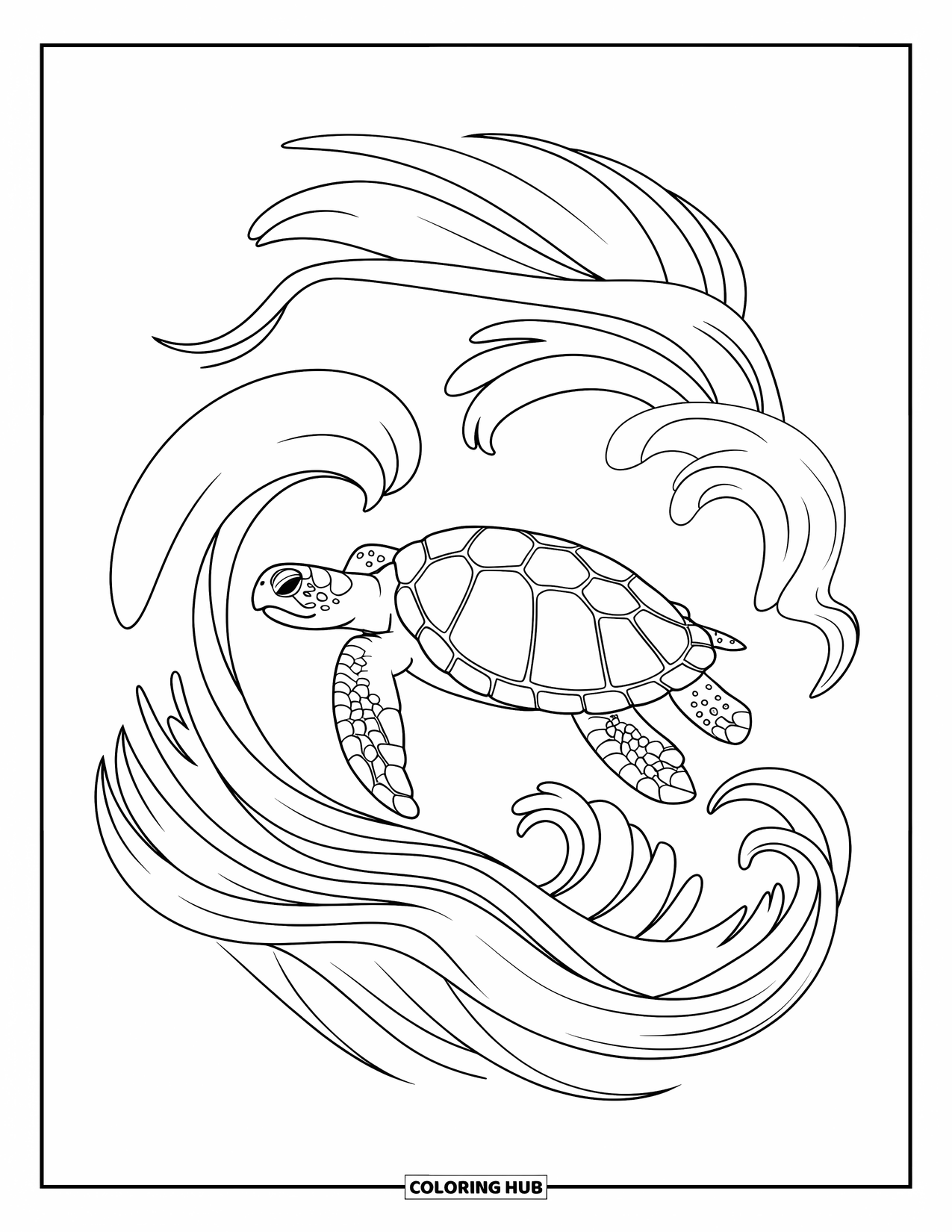 Under The Sea Coloring Page for Adults: A sea turtle surrounded by swirling waves and curves