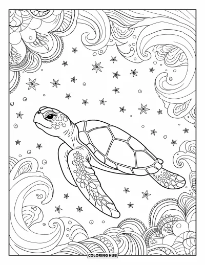 Under The Sea Coloring Page for Adults: A sea turtle swimming among waves and floral patterns