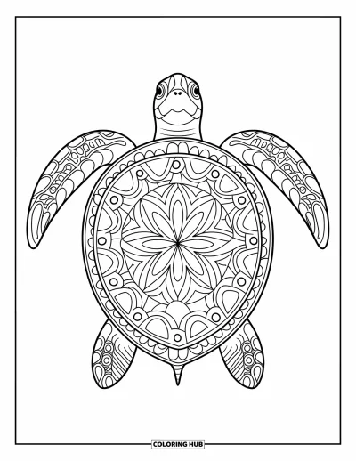 Under The Sea Coloring Page for Adults: A sea turtle with a detailed shell swims with seaweed and coral in the background