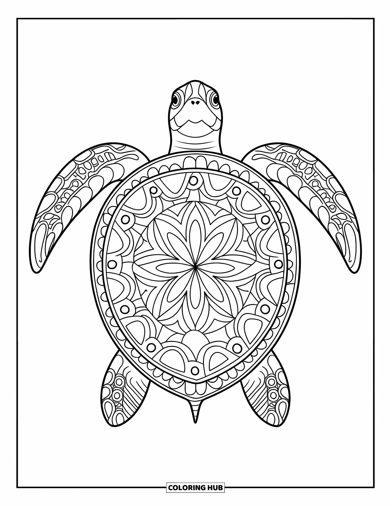 Under The Sea Coloring Page for Adults: A sea turtle with a detailed shell swims with seaweed and coral in the background