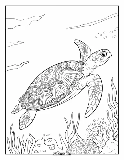 Under The Sea Coloring Page for Adults: A sea turtle with a mandala shell glides through a serene ocean with coral