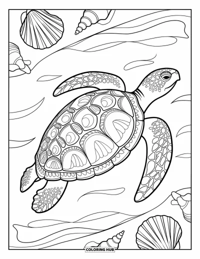 Under The Sea Coloring Page for Adults: A sea turtle with a mandala shell swims among seashells and waves