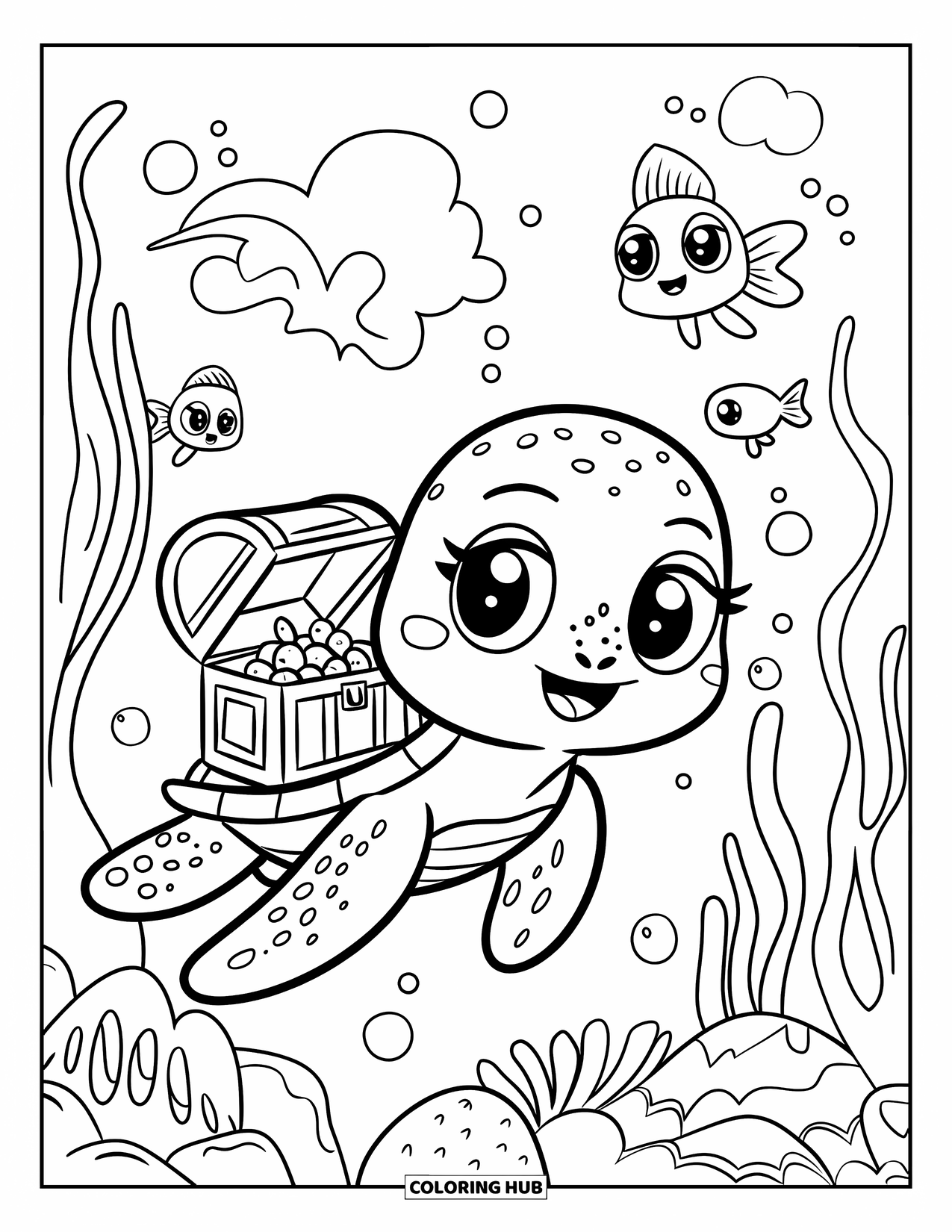 Under The Sea Coloring Page for Adults: A sea turtle with a smile carries a treasure chest as fish peek from behind rocks
