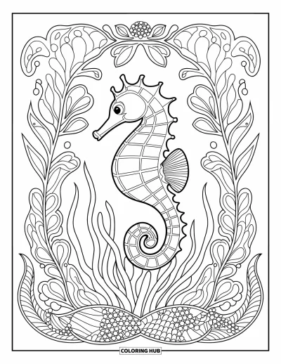Under The Sea Coloring Page for Adults: A seahorse rests on seaweed with flowers and bubbles floating around