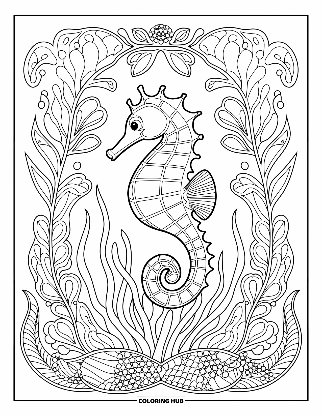 Under The Sea Coloring Page for Adults: A seahorse rests on seaweed with flowers and bubbles floating around