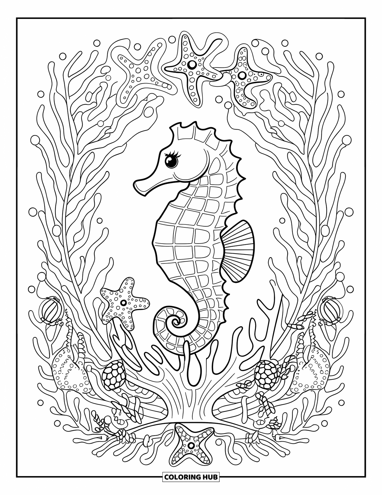 Under The Sea Coloring Page for Adults: A seahorse sits on coral framed by seaweed and floral patterns