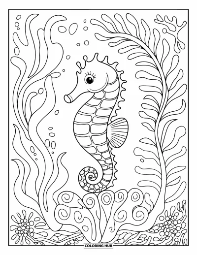 Under The Sea Coloring Page for Adults: A seahorse surrounded by swirling seaweed and floral elements