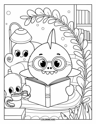 Under The Sea Coloring Page for Adults: A shark reads a book with an octopus offering tea in a cozy underwater room