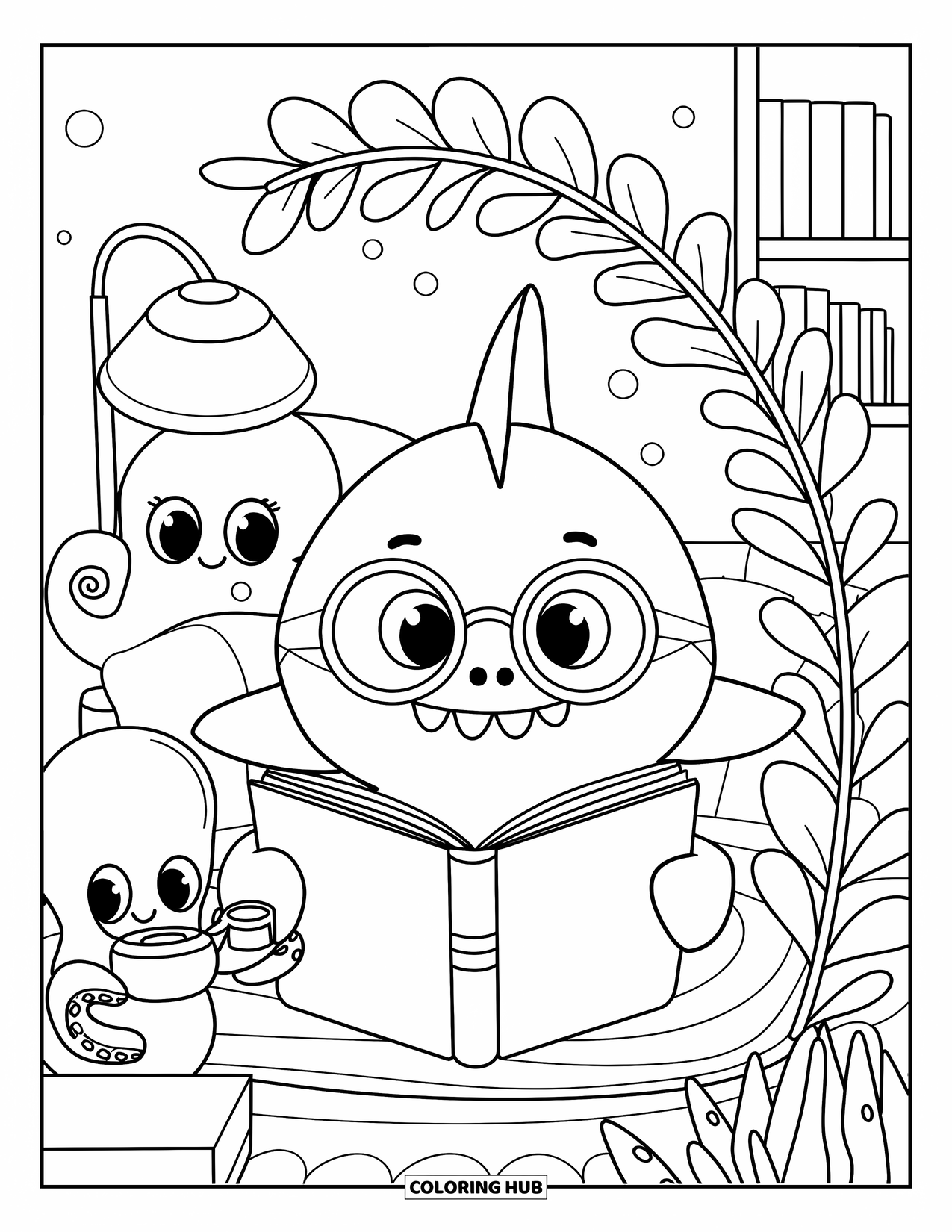 Under The Sea Coloring Page for Adults: A shark reads a book with an octopus offering tea in a cozy underwater room