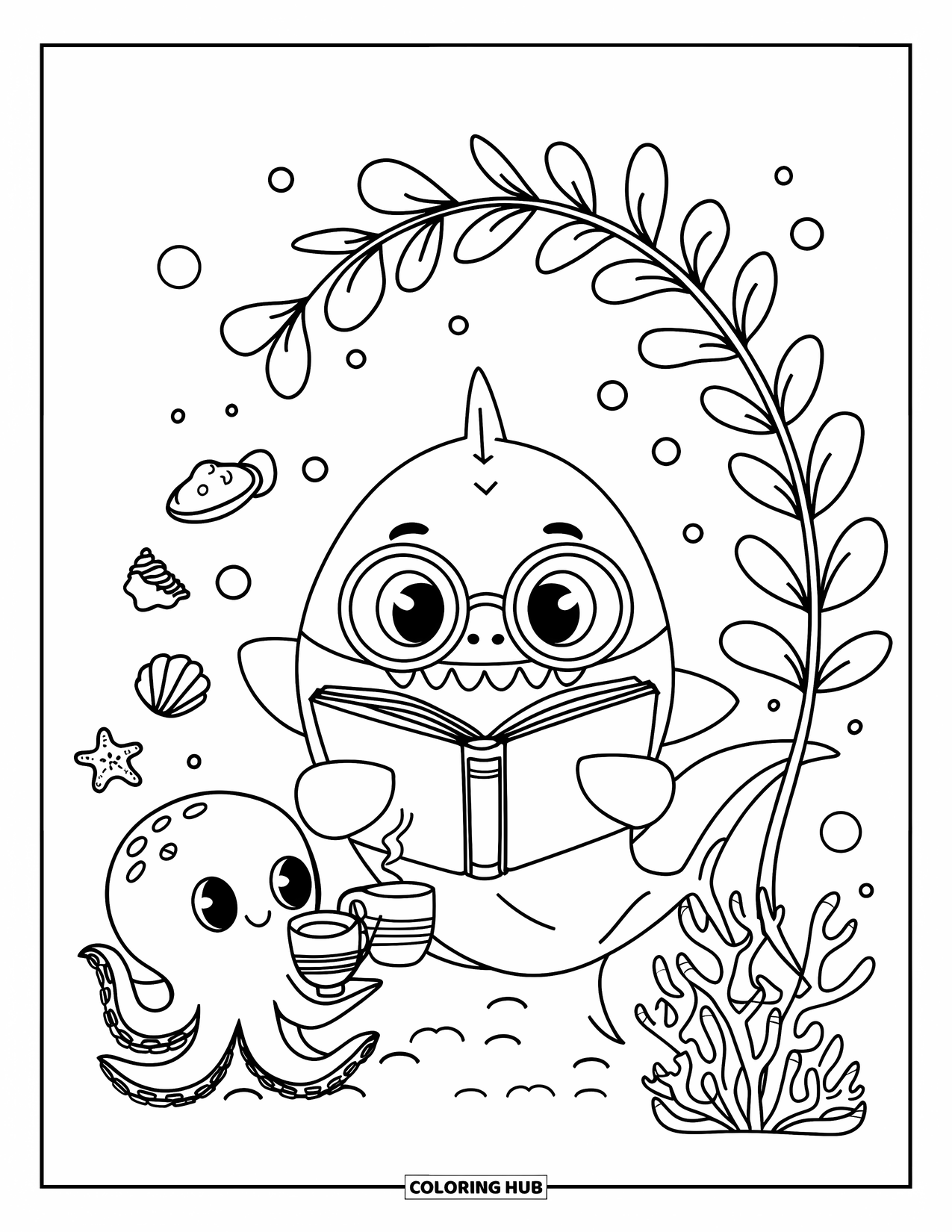 Under The Sea Coloring Page for Adults: A shark with glasses reads a book as an octopus serves tea nearby