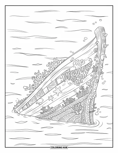 Under The Sea Coloring Page for Adults: A shipwreck covered in coral and sea life rests on the ocean floor
