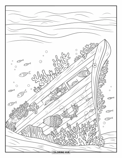 Under The Sea Coloring Page for Adults: A shipwreck with coral and sea creatures is sinking into a serene ocean