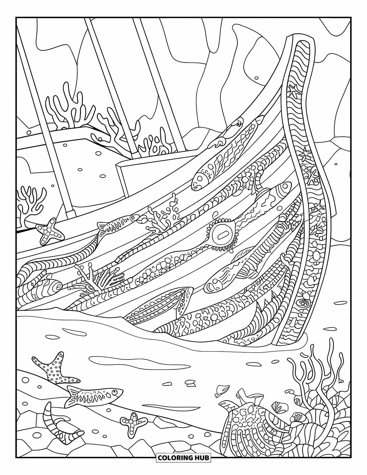 Under The Sea Coloring Page for Adults: A shipwreck with coral, fish, and starfish lies on a rocky seabed