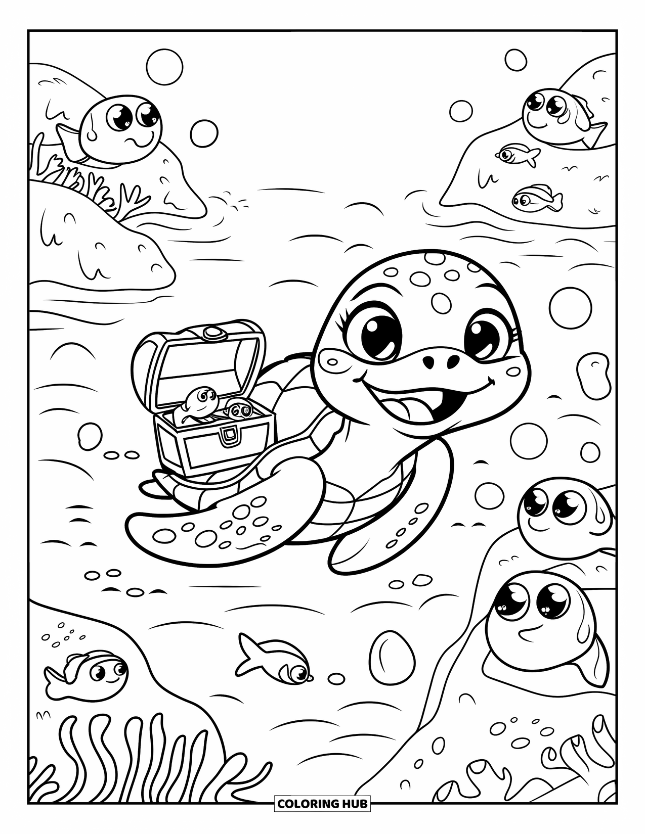 Under The Sea Coloring Page for Adults: A smiling sea turtle swims with a tiny treasure chest and playful bubbles around