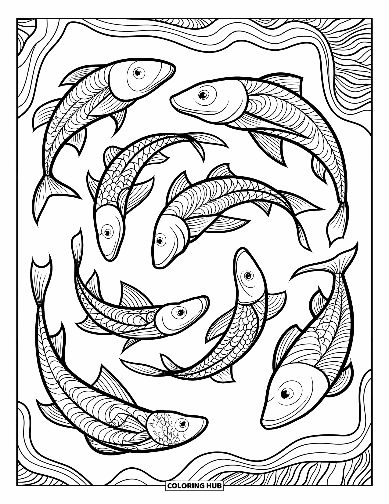 Under The Sea Coloring Page for Adults: A spiral of mosaic fish swim in a decorative frame with bold outlines