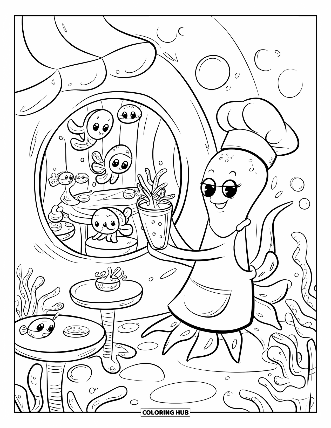 Under The Sea Coloring Page for Adults: A squid in a chef's hat serves smoothies at a cozy seashell cafÈ