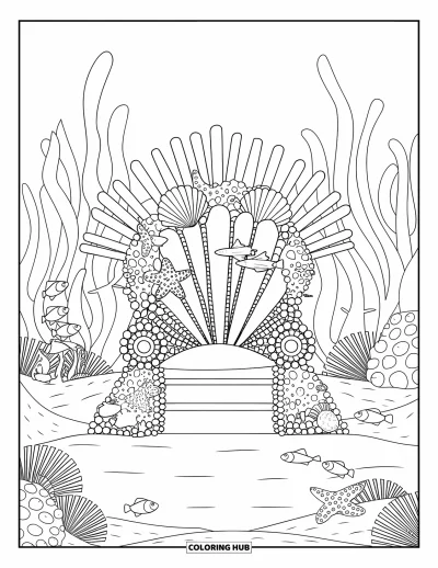 Under The Sea Coloring Page for Adults: A throne of coral and pearls surrounded by starfish, crabs, and fish