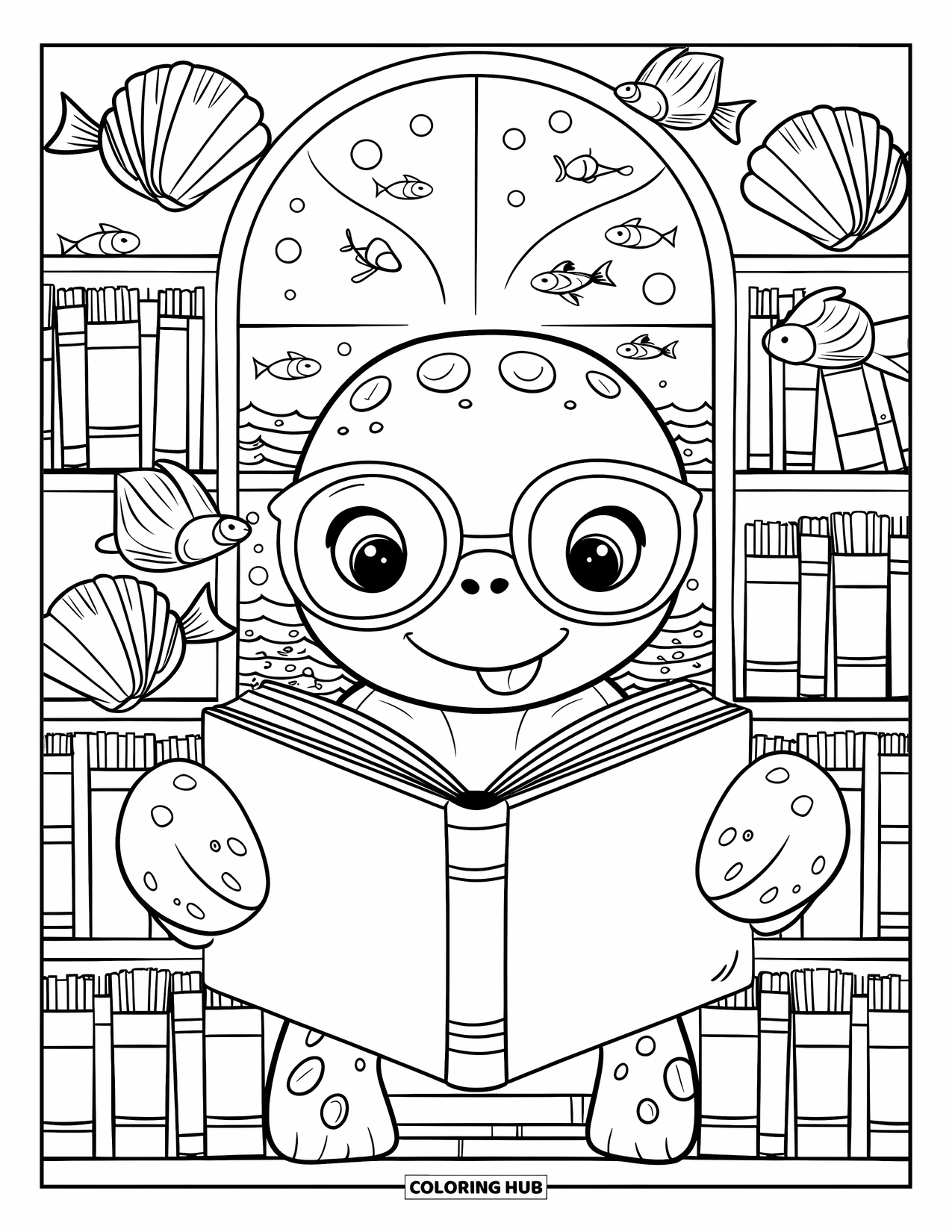 Under The Sea Coloring Page for Adults: A turtle with glasses reads seashell books in an underwater library