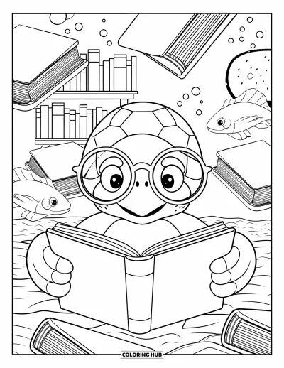 Under The Sea Coloring Page for Adults: A turtle with glasses reads surrounded by floating seashell books and curious fish