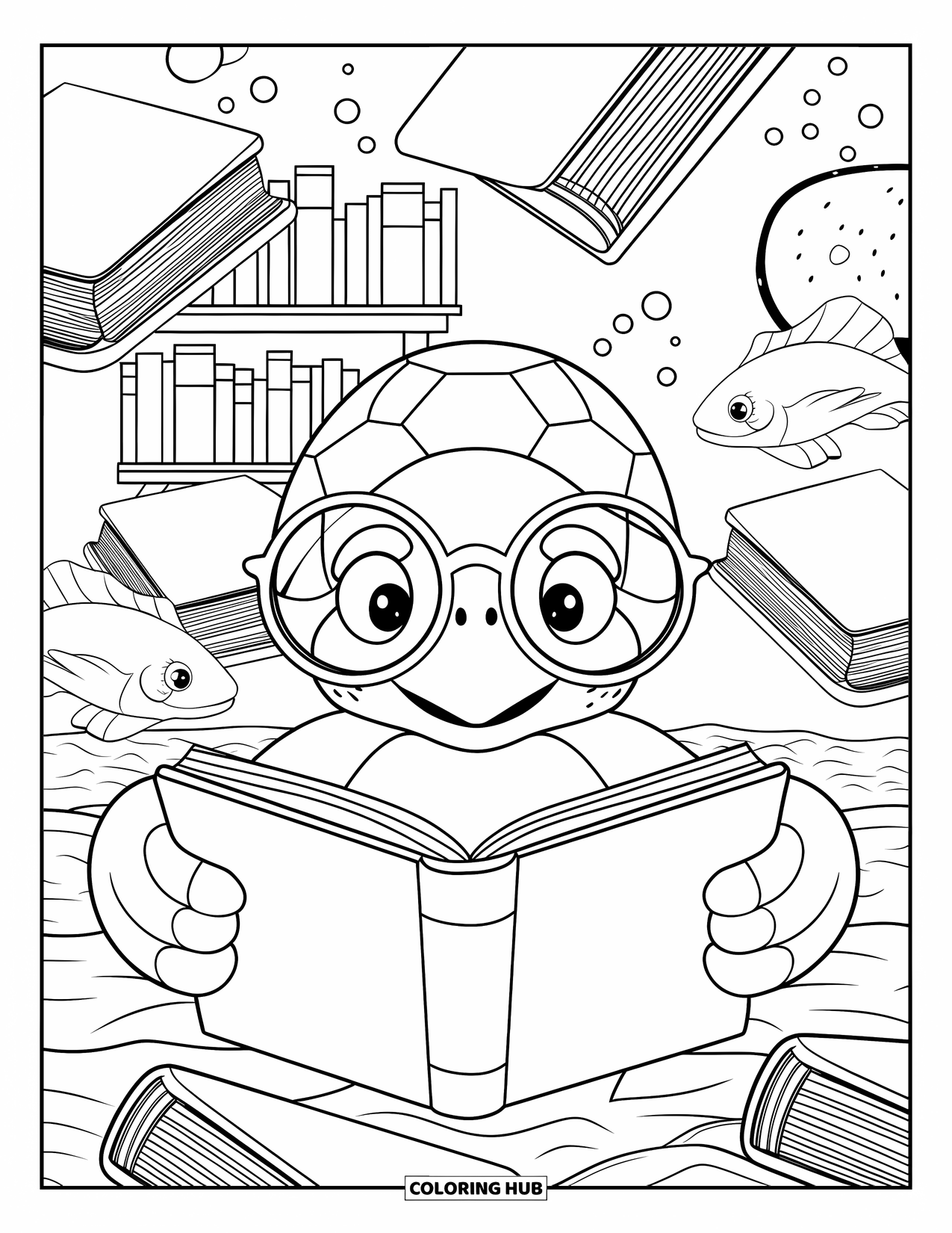 Under The Sea Coloring Page for Adults: A turtle with glasses reads surrounded by floating seashell books and curious fish