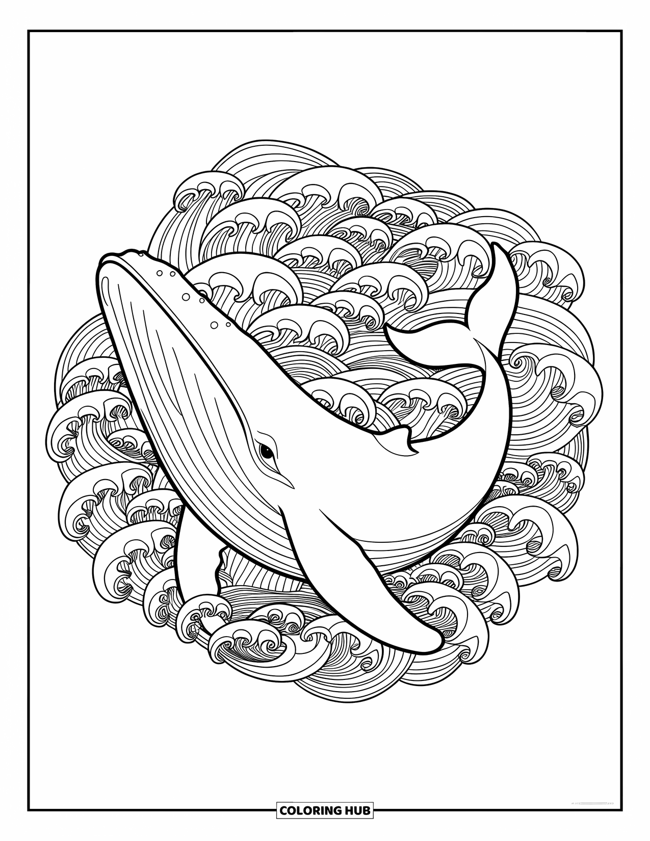 Under The Sea Coloring Page for Adults: A whale surrounded by waves with a circular pattern