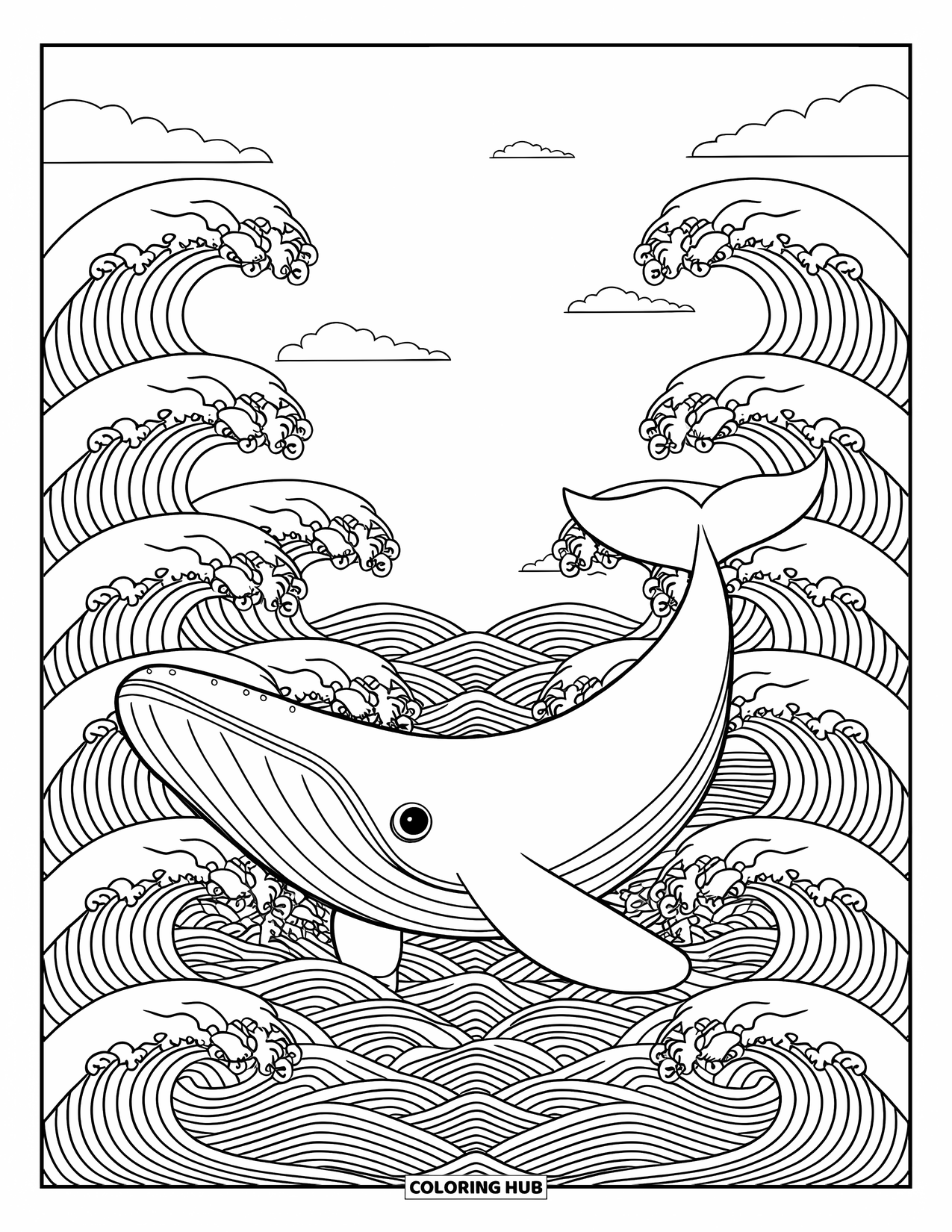 Under The Sea Coloring Page for Adults: A whale swimming among towering waves in a calm sea