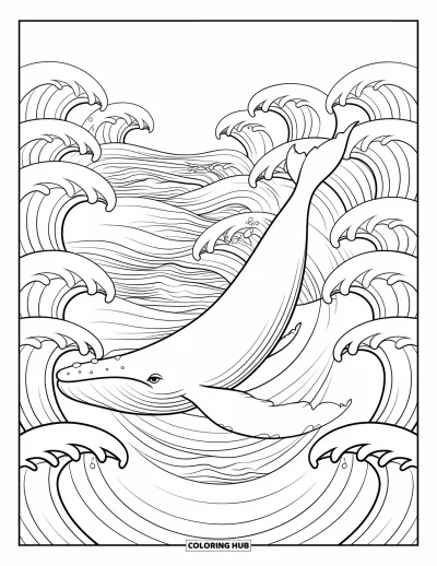 Under The Sea Coloring Page for Adults: A whale swimming through waves with intricate patterns