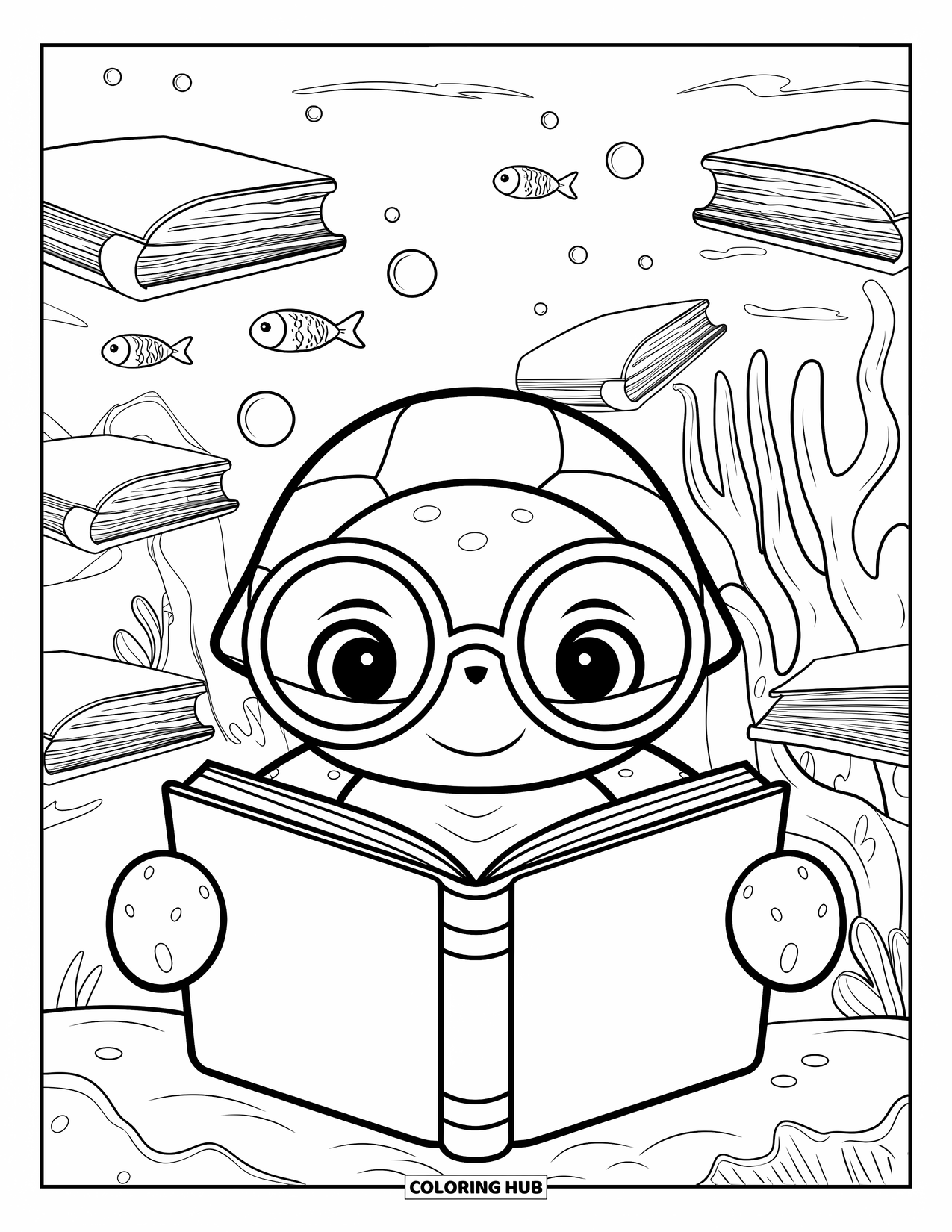Under The Sea Coloring Page for Adults: A wise turtle with glasses reads a book in an underwater library