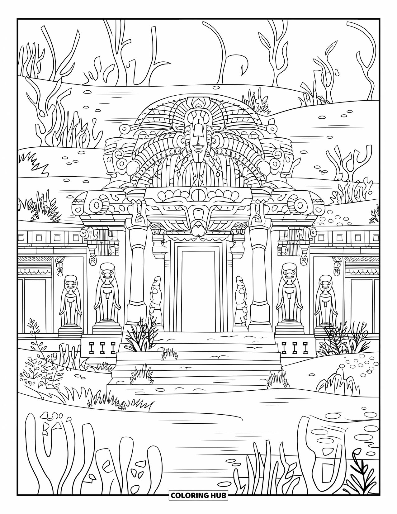 Under The Sea Coloring Page for Adults: An ancient temple with arches and statues among seaweed and bubbles