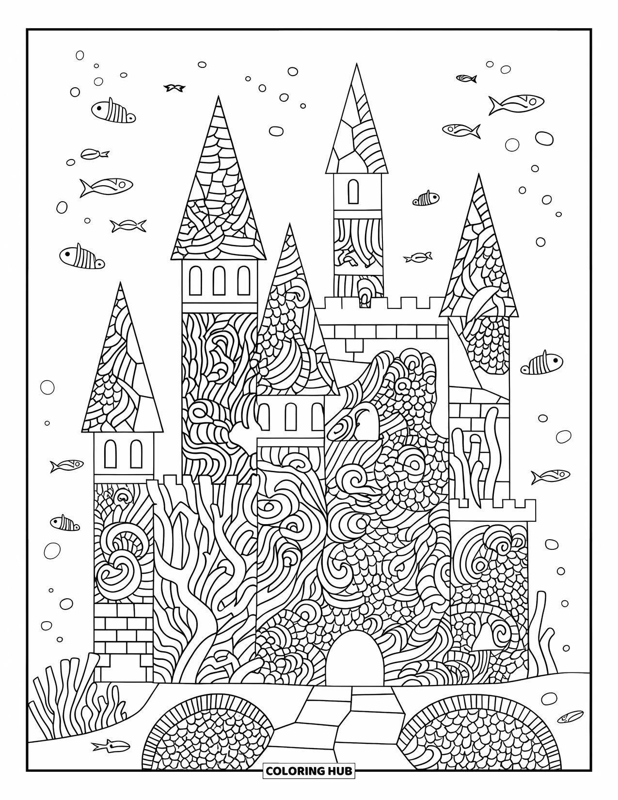 Under The Sea Coloring Page for Adults: An underwater castle with coral patterns and fish