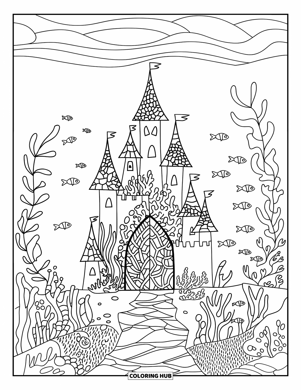 Under The Sea Coloring Page for Adults: An underwater castle with stained glass-like coral patterns