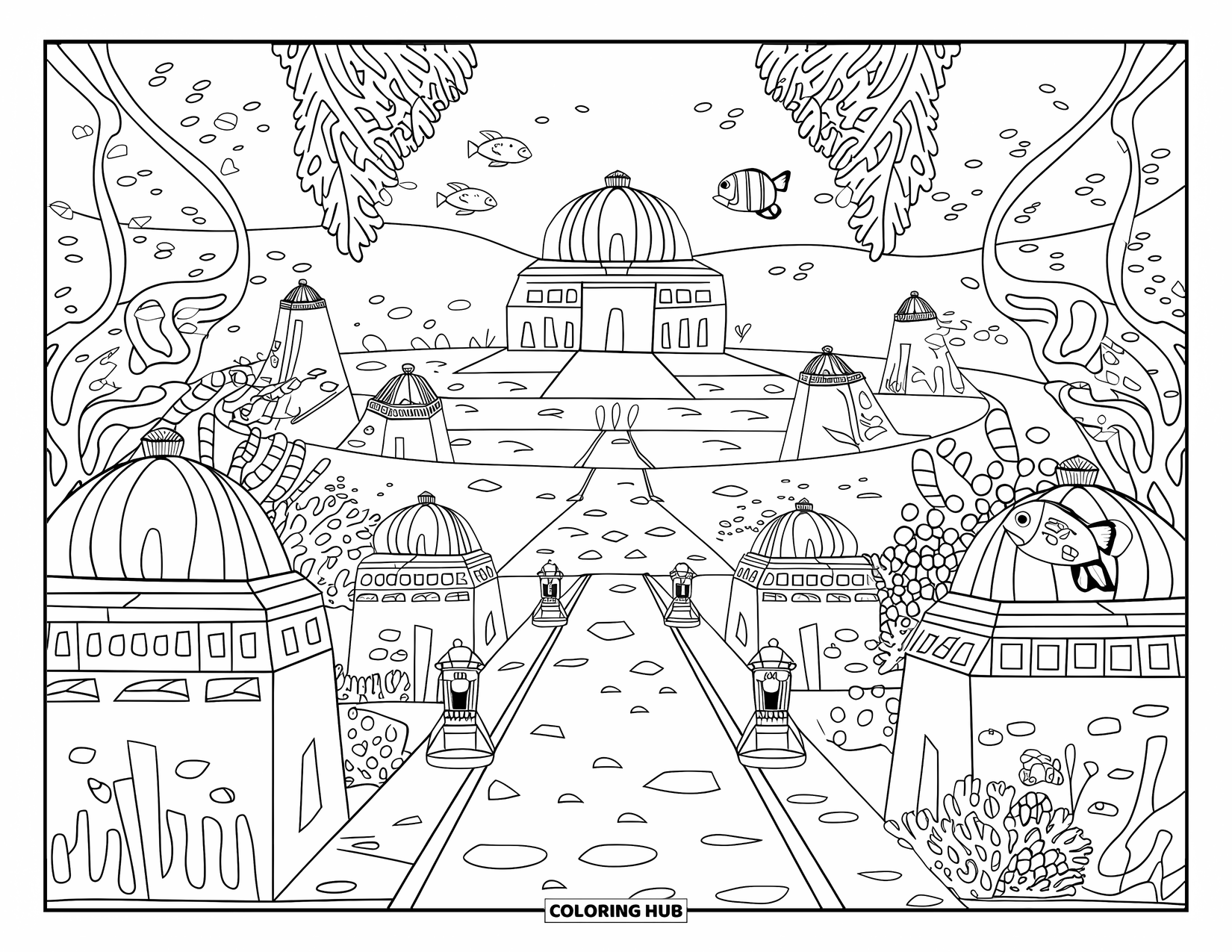 Under The Sea Coloring Page for Adults: An underwater city with domed coral buildings and lantern-lit paths