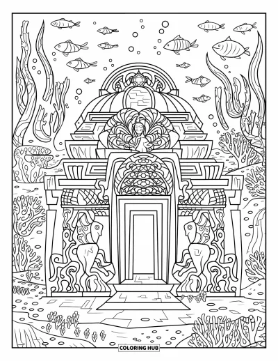 Under The Sea Coloring Page for Adults: An underwater temple with intricate carvings and mythical statues among sea plants