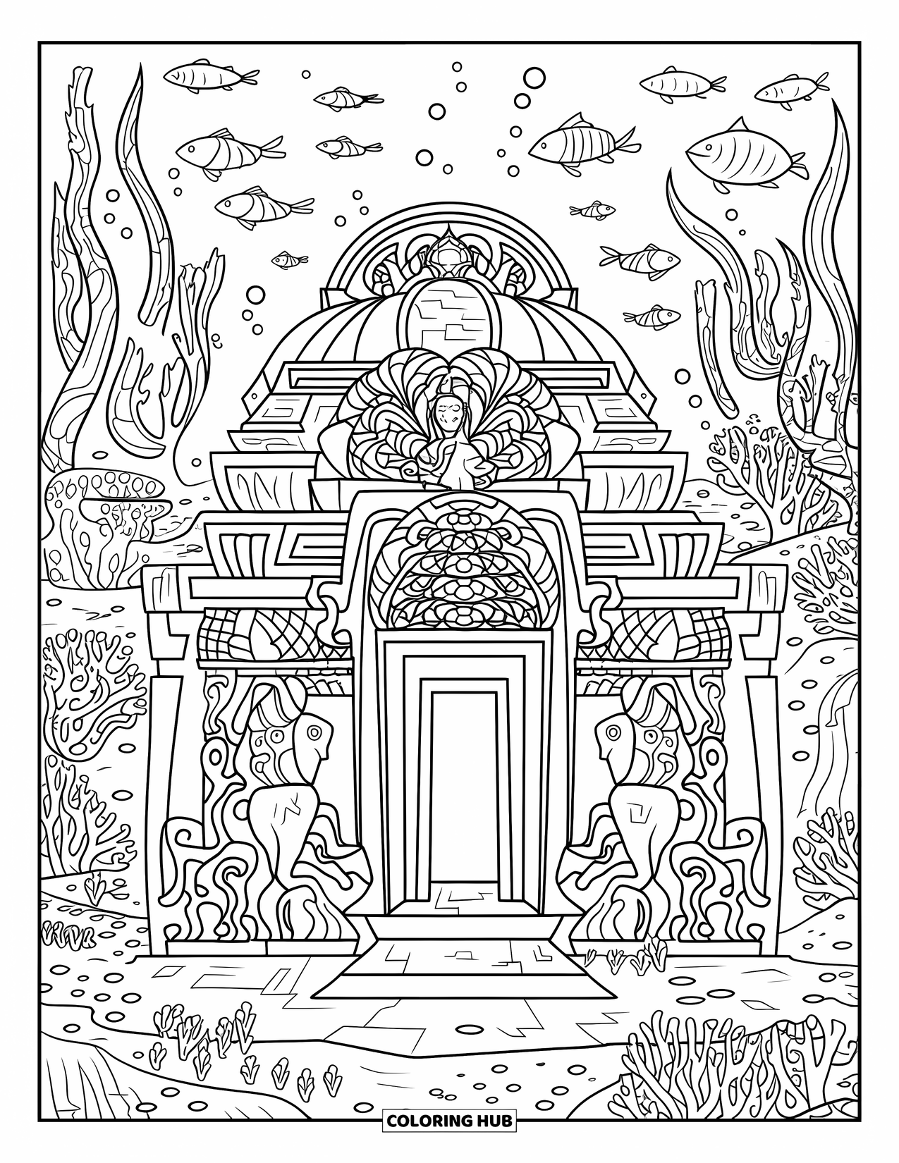 Under The Sea Coloring Page for Adults: An underwater temple with intricate carvings and mythical statues among sea plants
