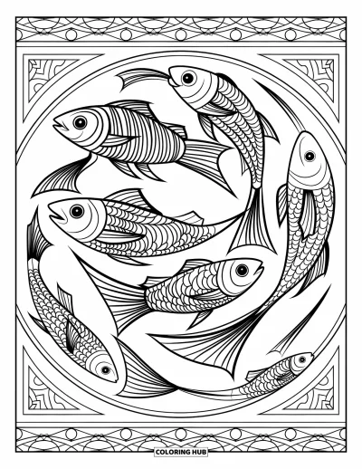 Under The Sea Coloring Page for Adults: Fish swim in spiral patterns within a mosaic with a circular border