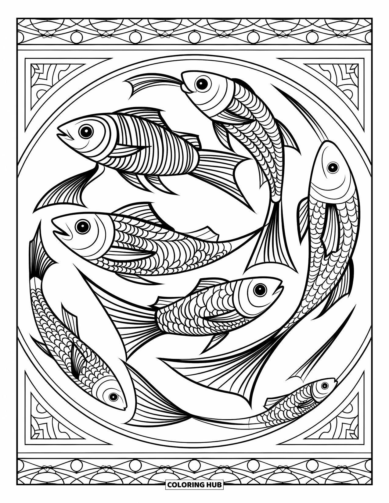 Under The Sea Coloring Page for Adults: Fish swim in spiral patterns within a mosaic with a circular border