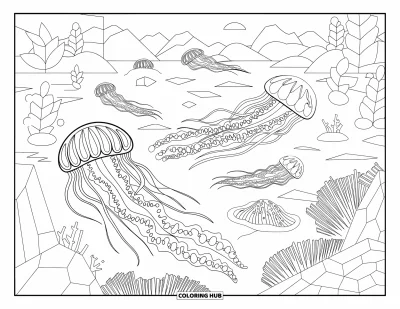 Under The Sea Coloring Page for Adults: Jellyfish floating among rocks and plants in a calm sea