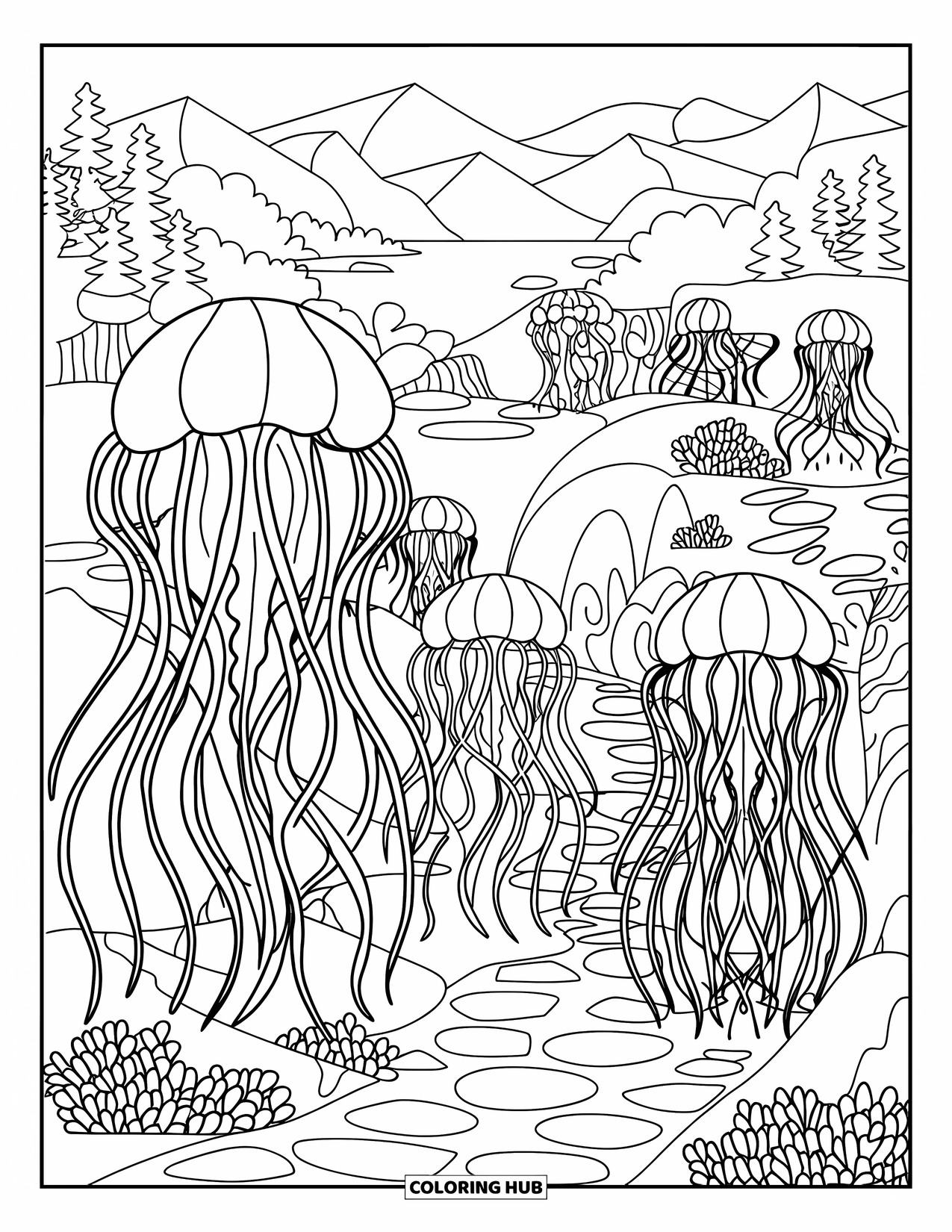 Under The Sea Coloring Page for Adults: Jellyfish with flowing tendrils in a garden with a stone path