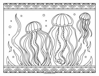 Under The Sea Coloring Page for Adults: Jellyfish with flowing tendrils in a serene underwater scene
