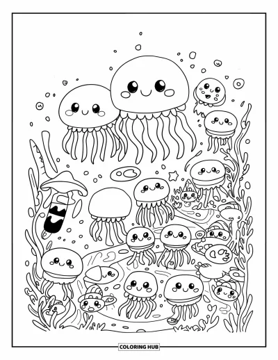 Under The Sea Coloring Page for Adults: Jellyfish with glowing lanterns light coral paths for celebrating fish and crabs