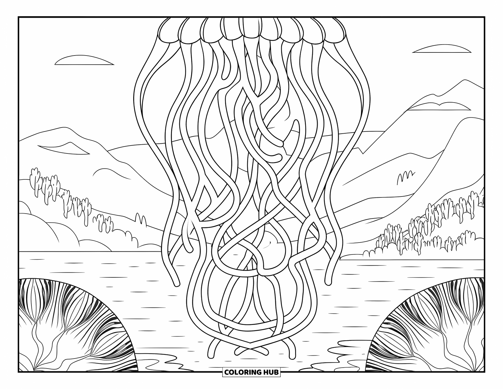 Under The Sea Coloring Page for Adults: Jellyfish with long tendrils creating intricate patterns