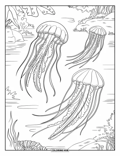 Under The Sea Coloring Page for Adults: Jellyfish with long tendrils in a serene setting by water and rocks