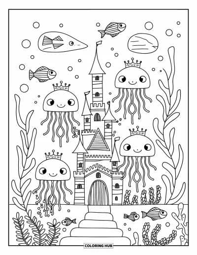 Under The Sea Coloring Page for Adults: Jellyfish with tiny crowns guard an underwater castle surrounded by seaweed and pearls