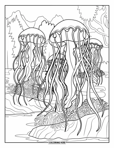 Under The Sea Coloring Page for Adults: Large jellyfish on rocks in a tranquil landscape