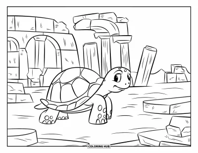 Under The Sea Coloring Page for Kids: A barnacle-covered turtle explores ruins with pillars and broken statues