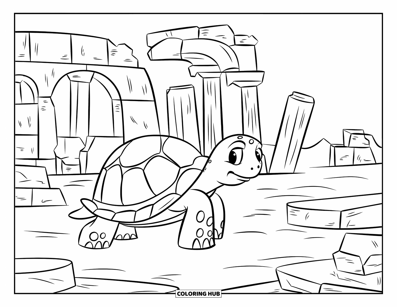 Under The Sea Coloring Page for Kids: A barnacle-covered turtle explores ruins with pillars and broken statues