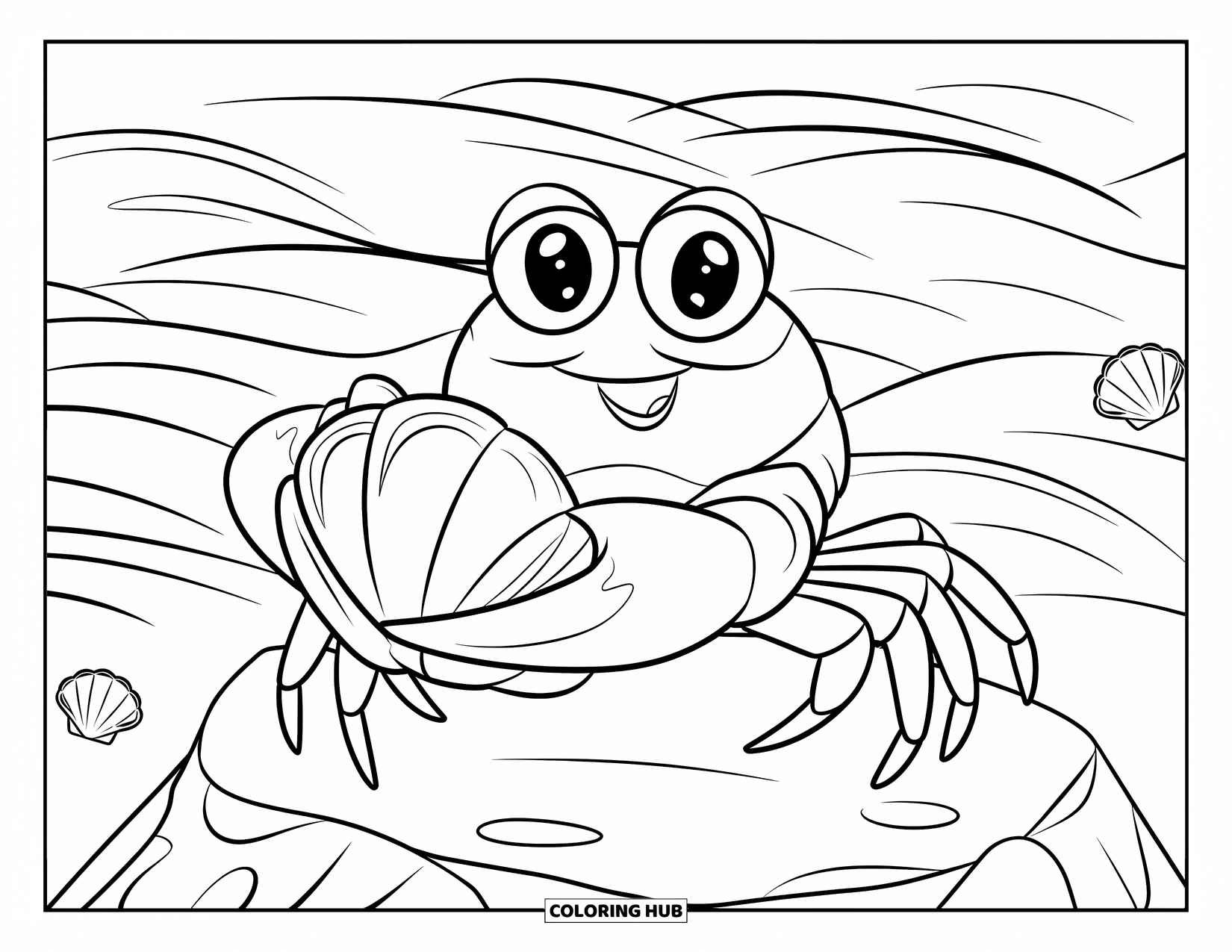 Under The Sea Coloring Page for Kids: A cheerful crab holds a shell while sitting on an ocean rock
